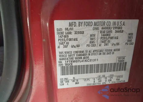 2001 Ford F-150 Harley-Davidson Edition/King Ranch Edition/Lariat/Xlt из США, поврежденный, VIN 1FTRW07L41KC51311